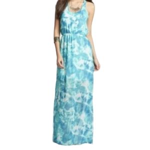 Dee Elle Womans Watercolor Racerback‎ Aqua Flowy Maxi Dress Size 6-8